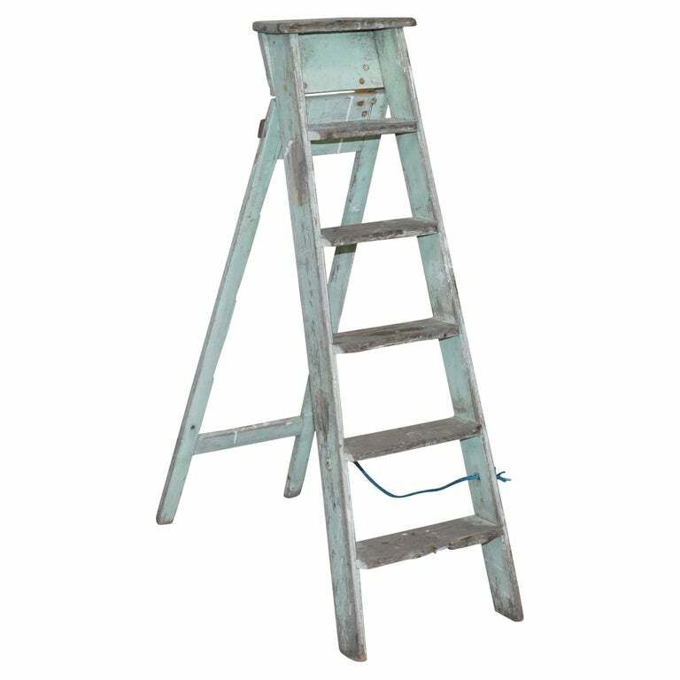 Grdc Stamped Pitch Pine Circa 1920's Original Aqua Green Paint Decorators Ladder