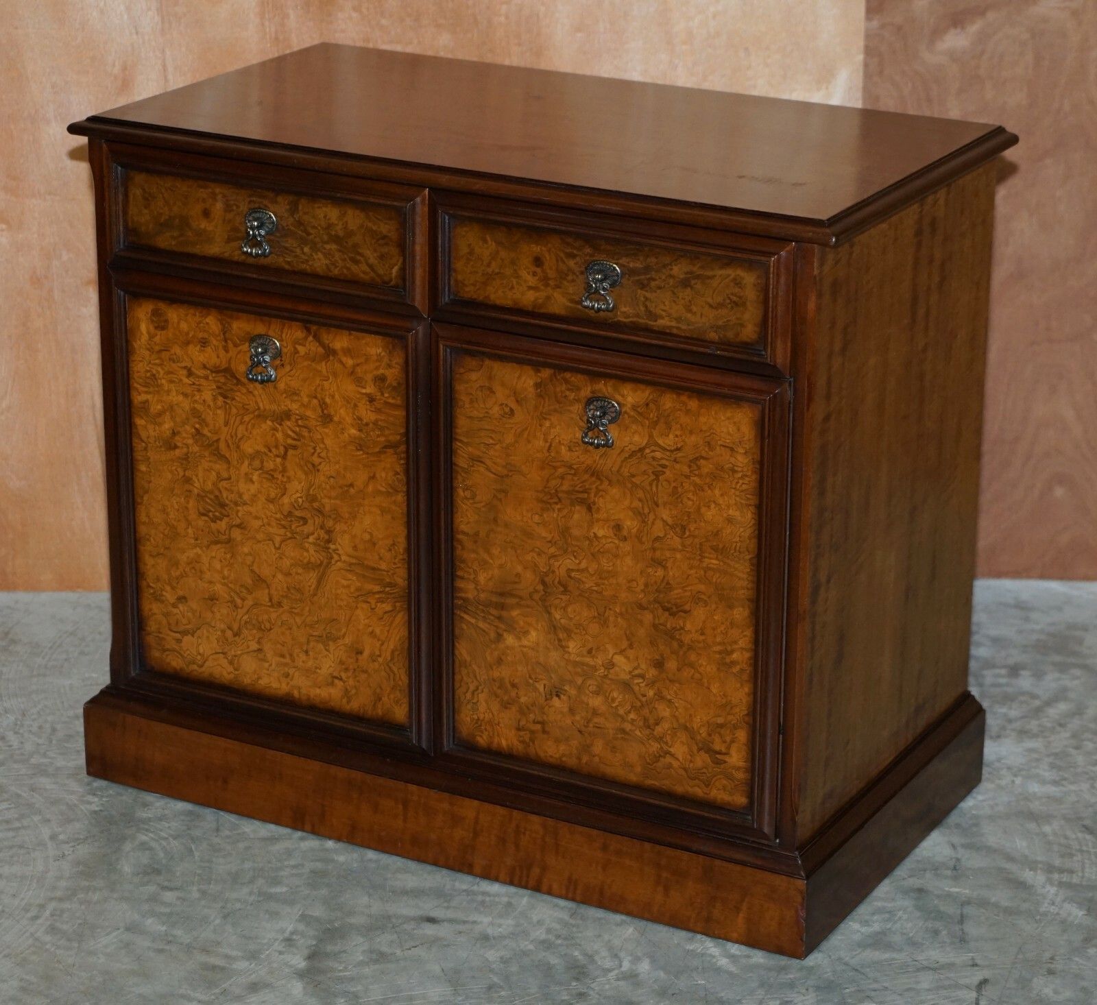 Lovely Burr & Quarter Cut Walnut Sideboard With Twin Drawers & Cupboard Base photo for sale