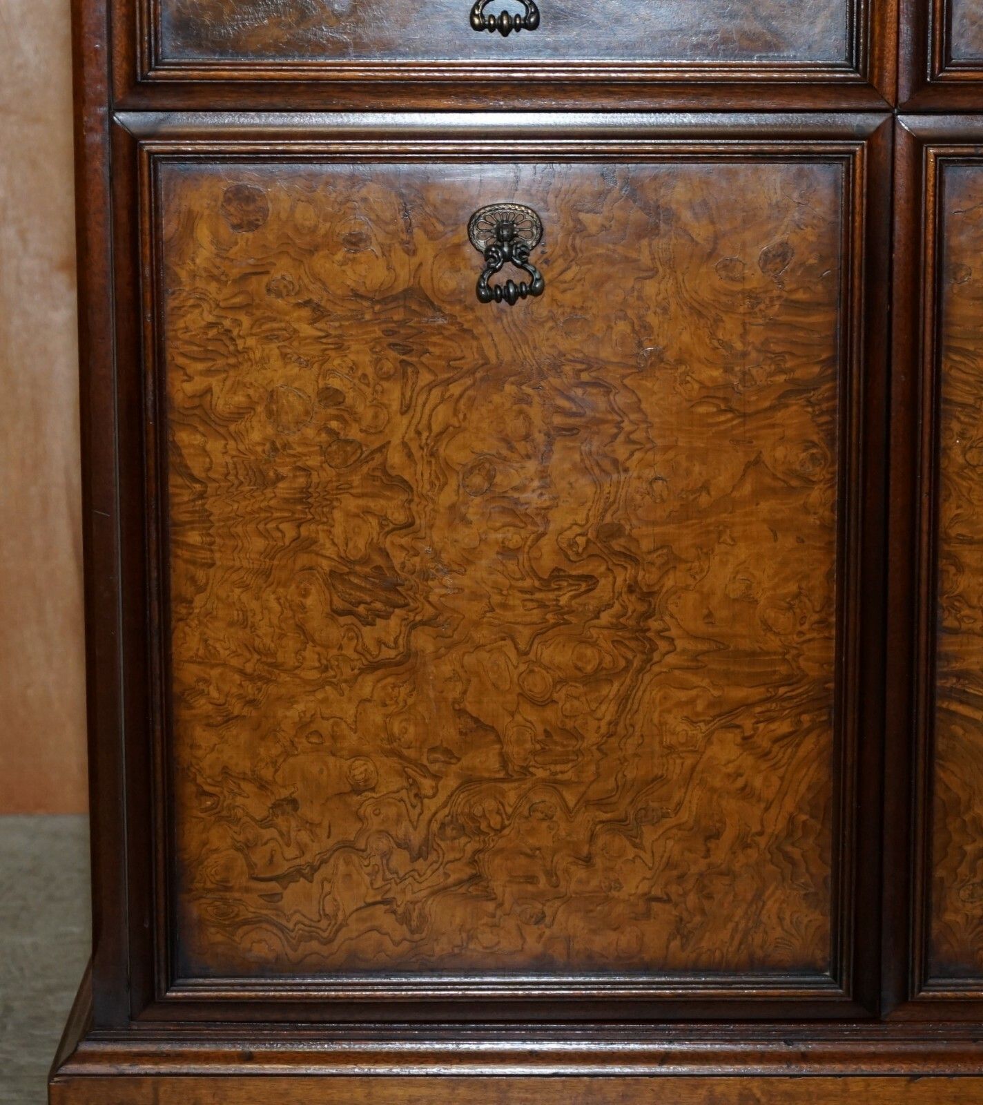 Lovely Burr & Quarter Cut Walnut Sideboard With Twin Drawers & Cupboard Base photo vinterior