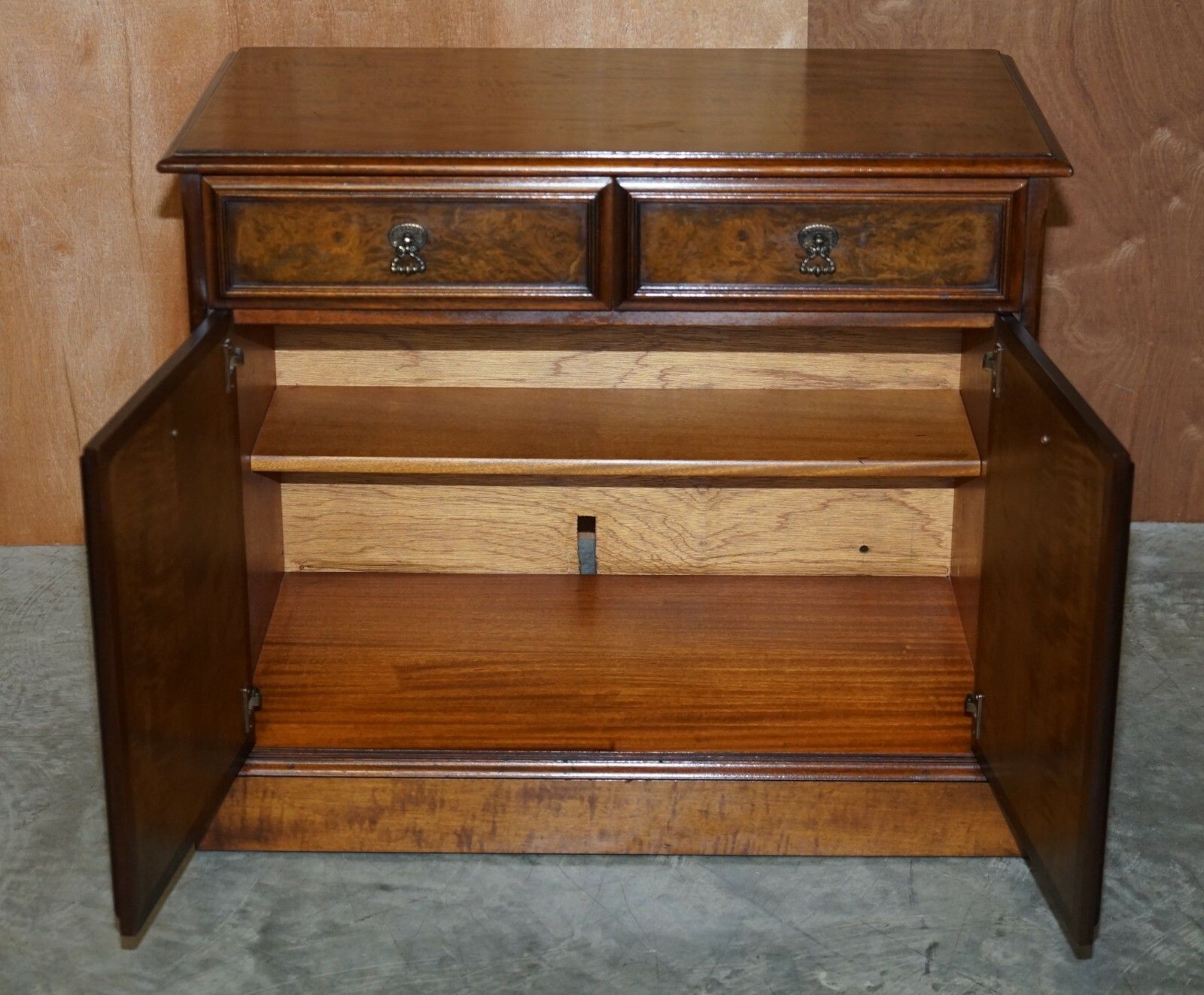 photo furniture Lovely Burr & Quarter Cut Walnut Sideboard With Twin Drawers & Cupboard Base