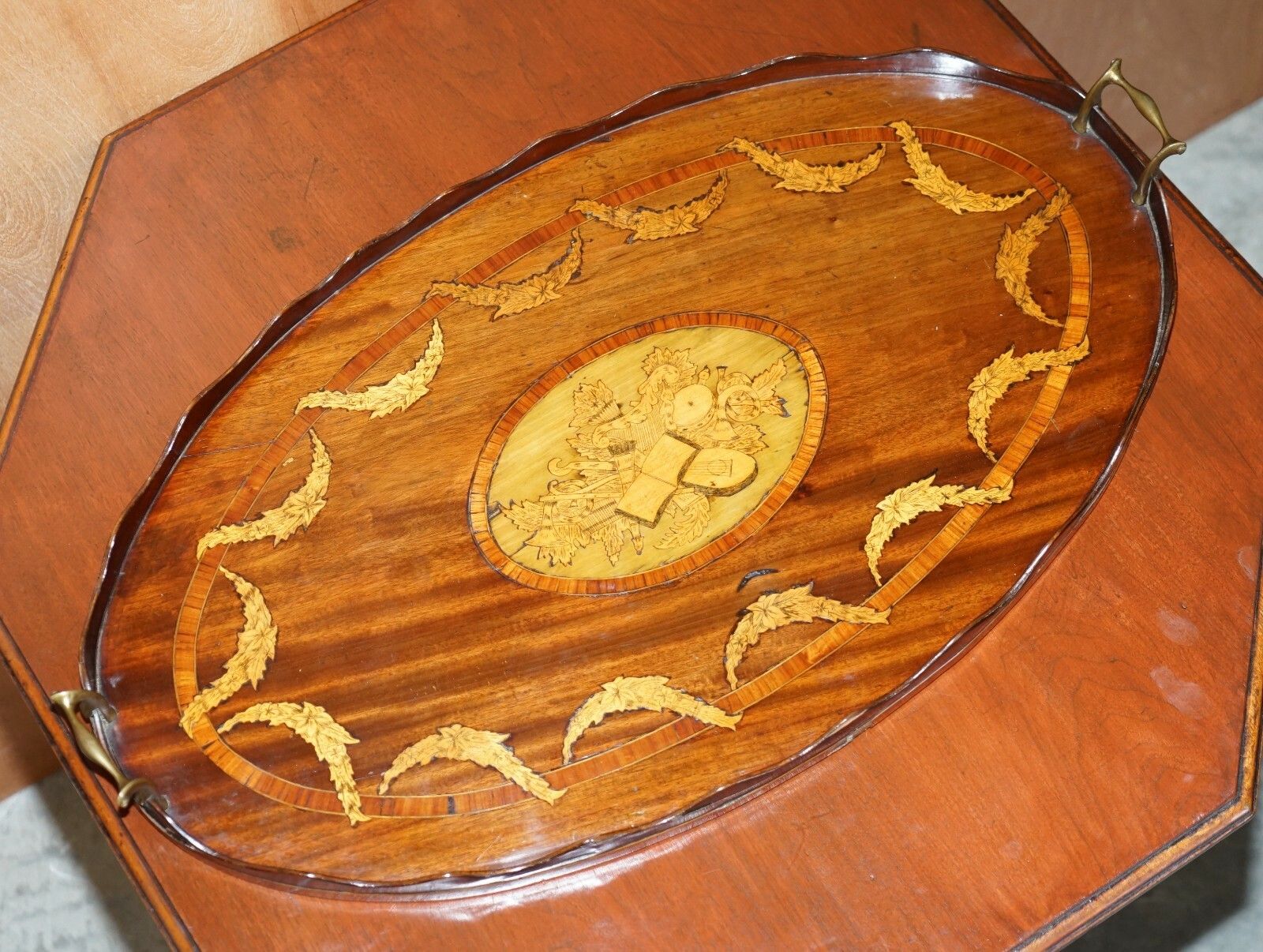 Alfred Beurdeley Antique Walnut & Bronze Sheraton Inlaid Butlers Serving Tray photo for sale