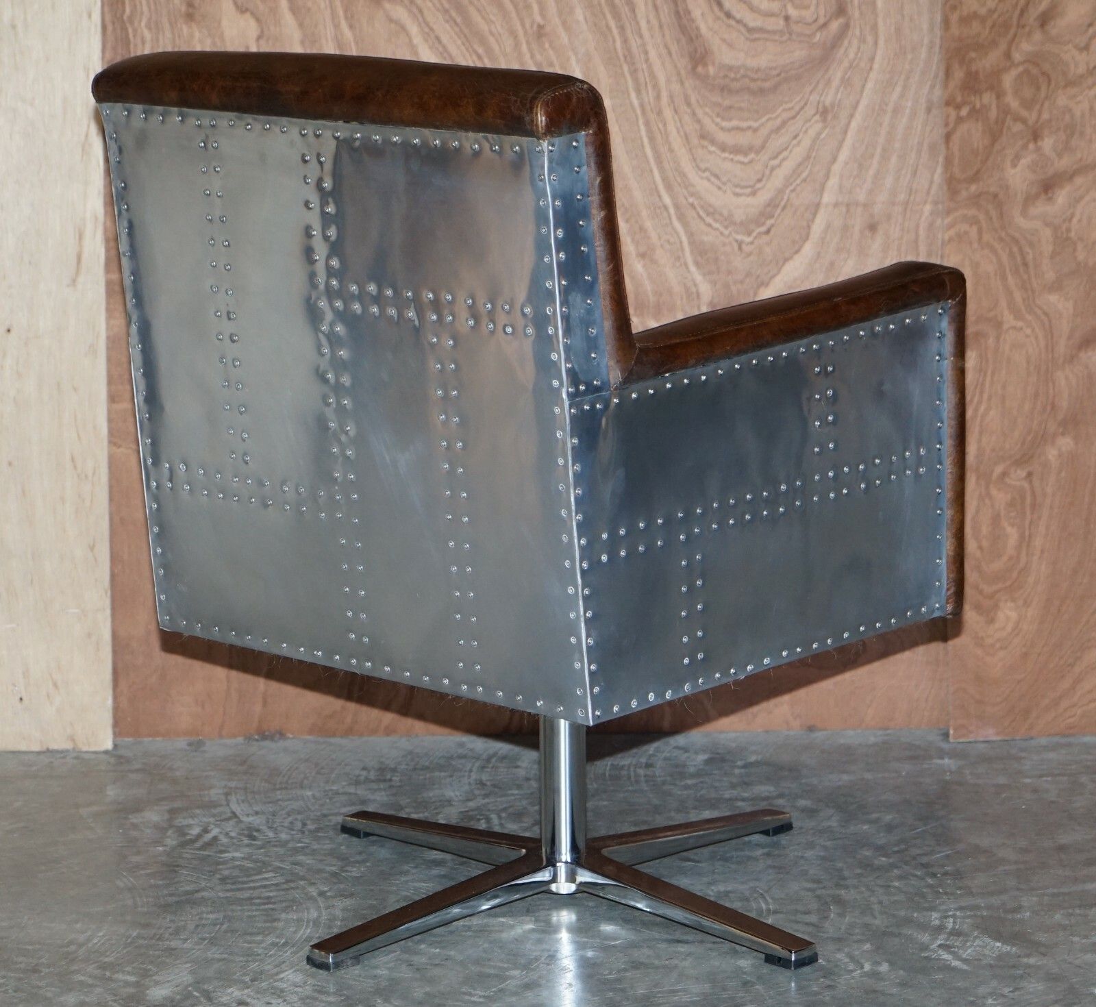 Furniture 1 Of 2 Hand Dyed Brown Leather Aviator Hammered Metal Swivel Captains Armchairs photo