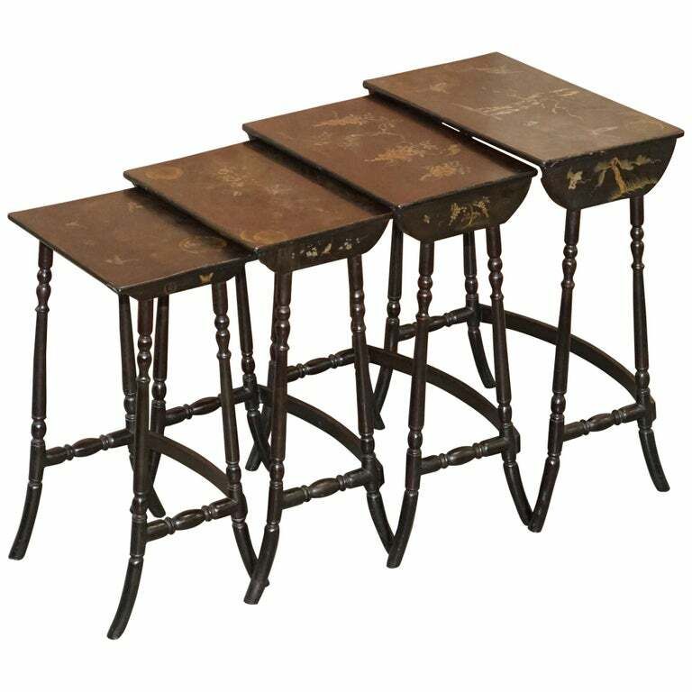 Nest Of Four Circa 1900 Chinese Chinoiserie Lacqurered Tables Hand Painted