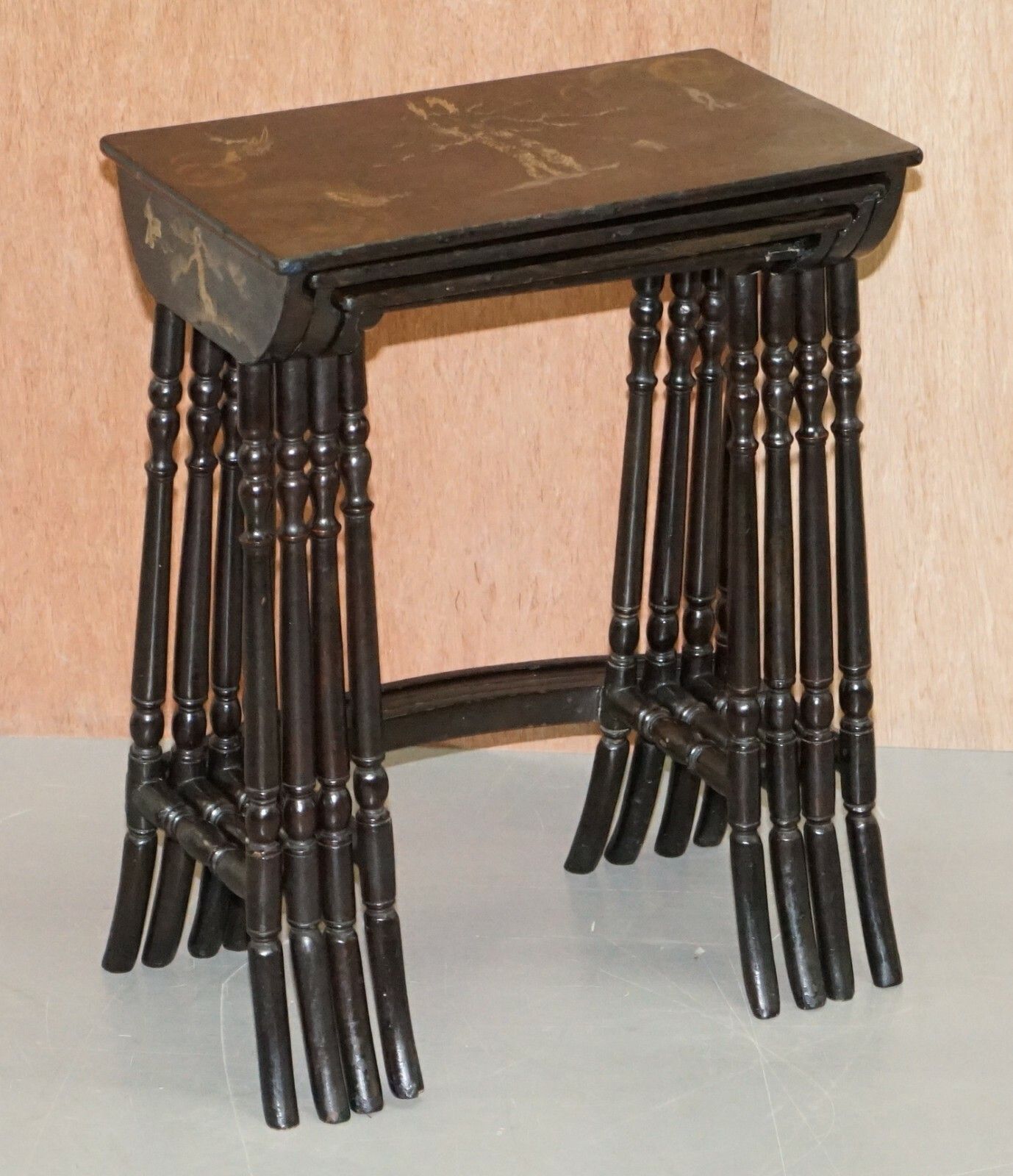 Nest Of Four Circa 1900 Chinese Chinoiserie Lacqurered Tables Hand Painted photo furniture