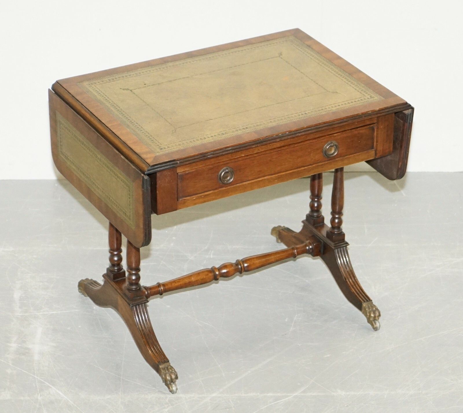 Large Bevan Funnell Green Leather Extending Mahogany Side End Lamp Card Table photo furniture