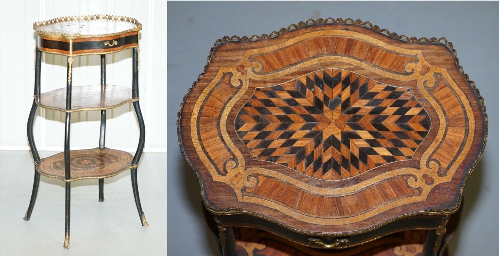 Napoleon III Brass Gallery Fruitwood Ebonised & Inlaid Three Tired Side Table photo furniture