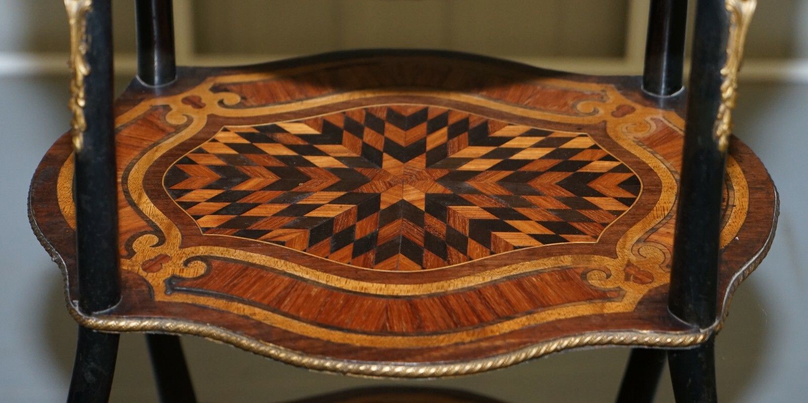 Napoleon III Brass Gallery Fruitwood Ebonised & Inlaid Three Tired Side Table photo buy