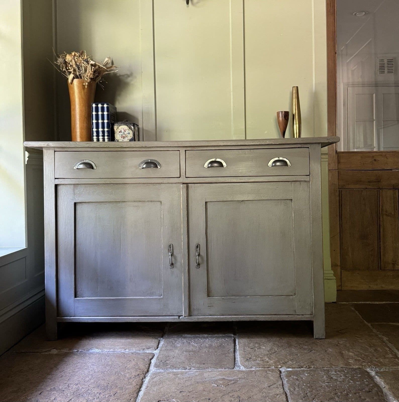 Antique European Style Grey Painted Pine Glazed Dresser Display Cabinet Cupboard photo buy