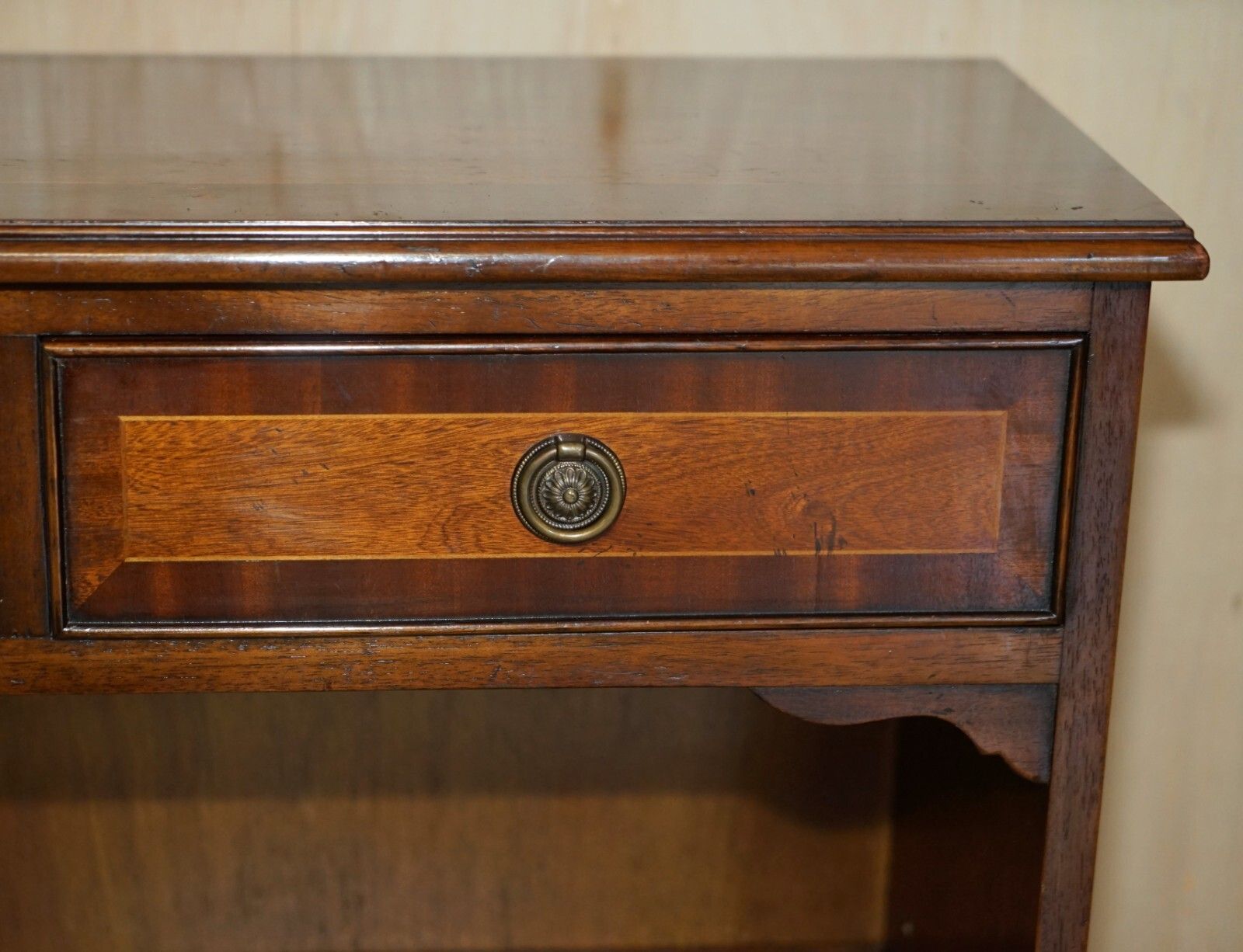 Vintage Two Drawer Bevan Funnell Flamed Mahogany Dwarf Open Library Bookcase photo for sale