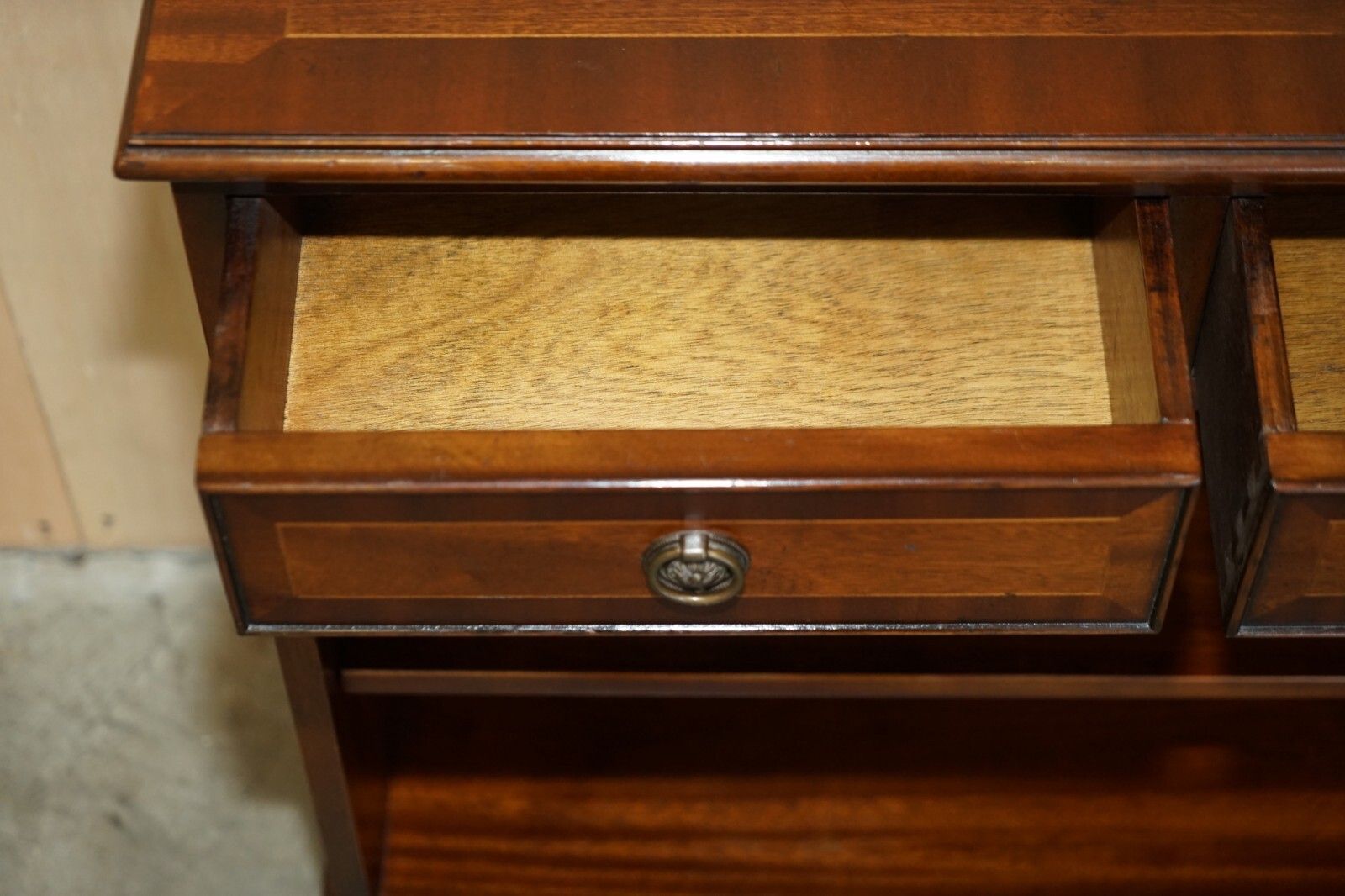 Furniture Vintage Two Drawer Bevan Funnell Flamed Mahogany Dwarf Open Library Bookcase photo