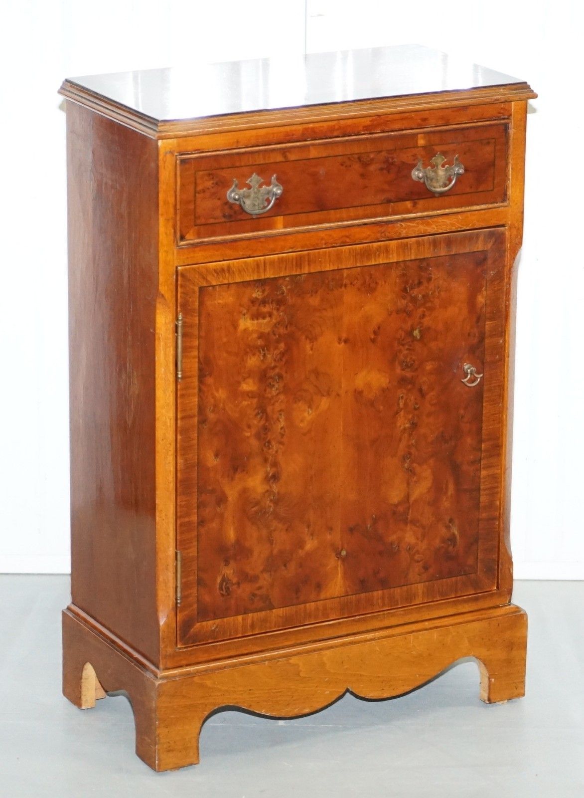 Pair Of Vintage Burr Yew Wood Lamp Side End Wine Table Cupboards With Drawers photo furniture