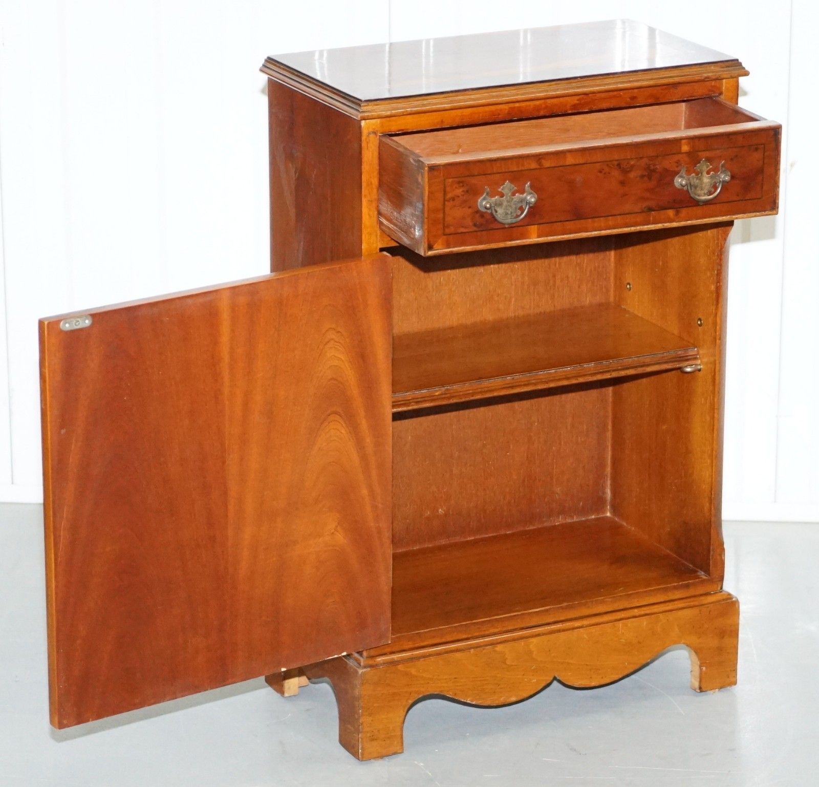 Pair Of Vintage Burr Yew Wood Lamp Side End Wine Table Cupboards With Drawers photo buy