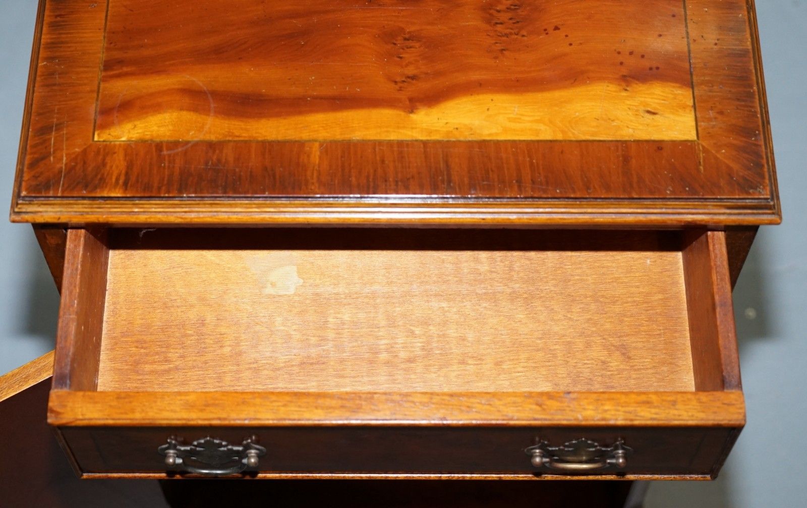 Pair Of Vintage Burr Yew Wood Lamp Side End Wine Table Cupboards With Drawers photo vintage