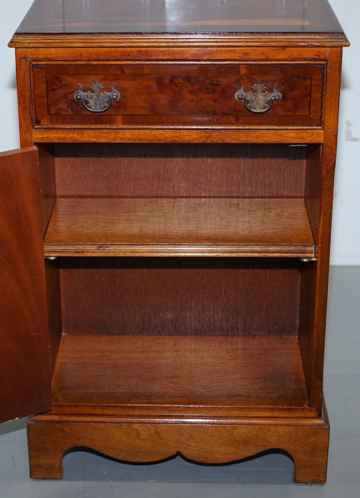 photo furniture Pair Of Vintage Burr Yew Wood Lamp Side End Wine Table Cupboards With Drawers