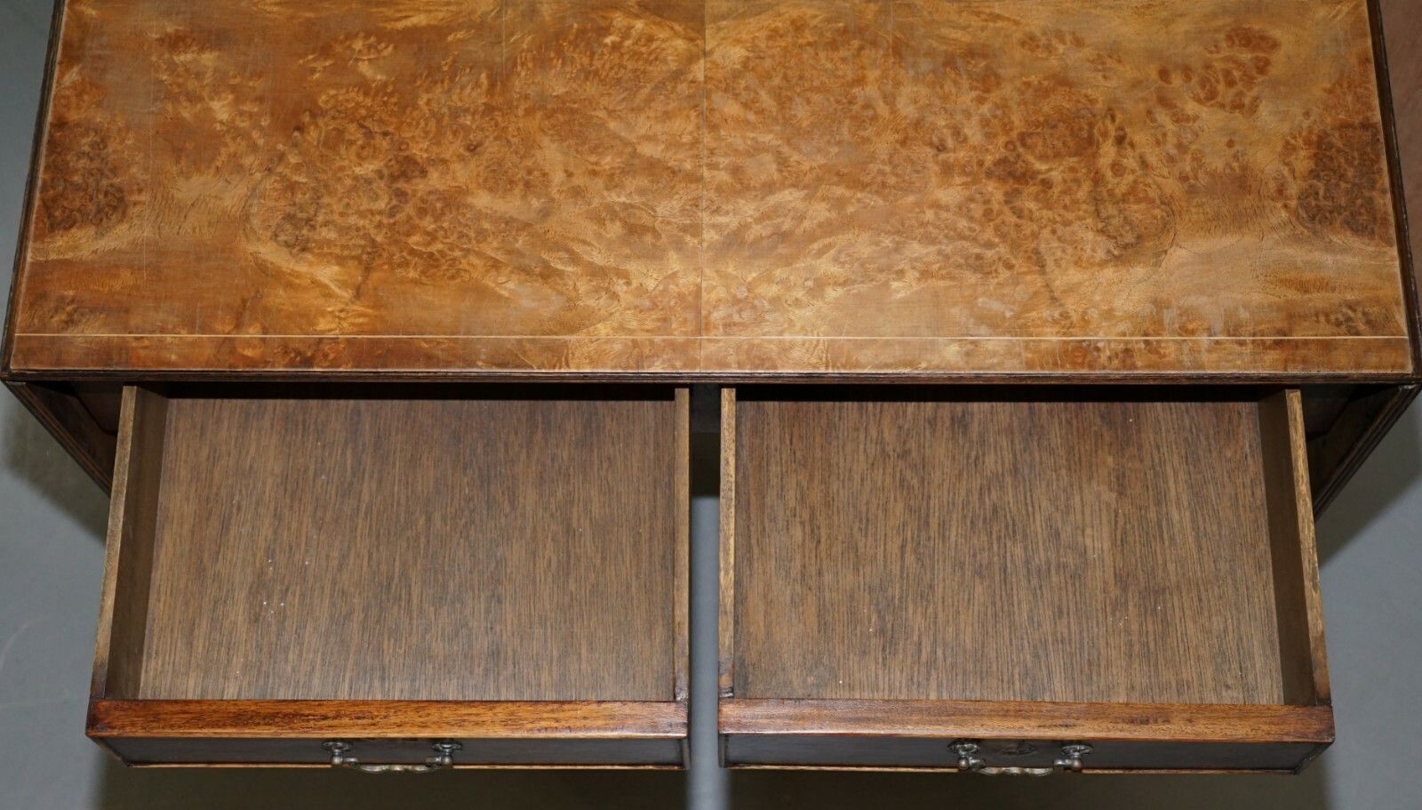 Large Extending Occasional Games Table In Burr Walnut Lion Paw Castors + Drawers photo vintage
