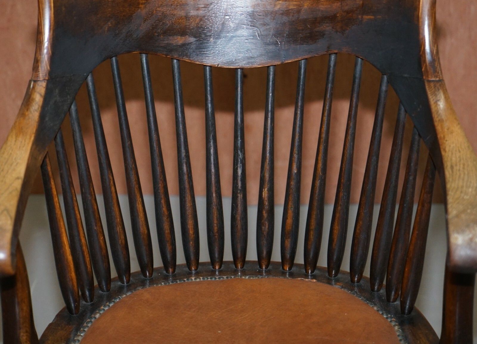 English Edwardian Ralph Johnson Oak Spindle Back Captains Office Desk Armchair photo 700.0