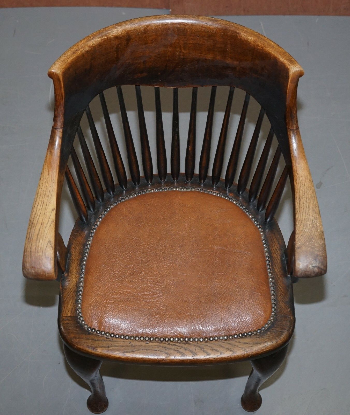 English Edwardian Ralph Johnson Oak Spindle Back Captains Office Desk Armchair photo vinterior