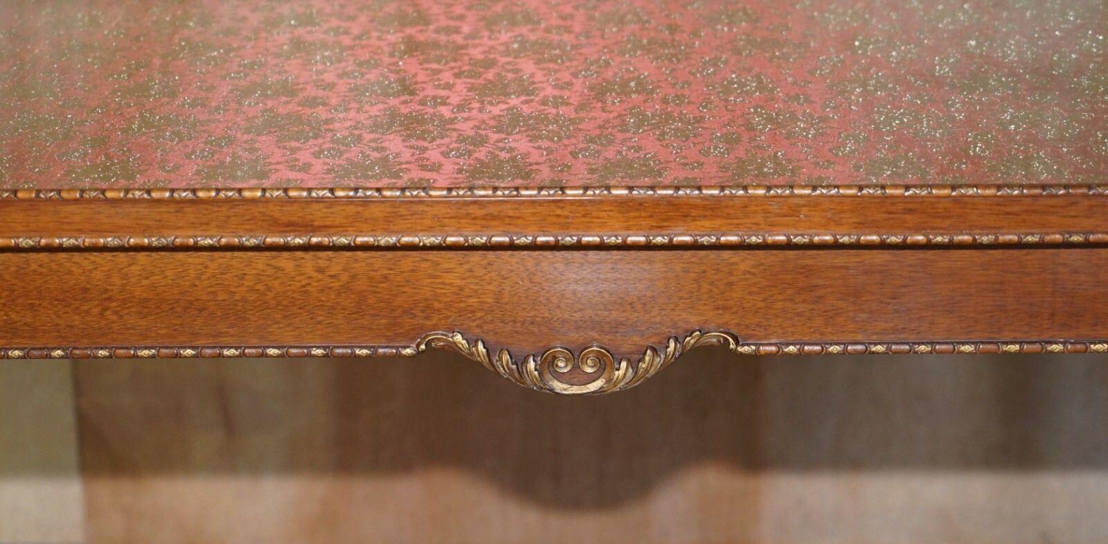 Lovely Vintage Writing Table Desk In Mahogany With Silk Embroidered Glass Top photo vinterior