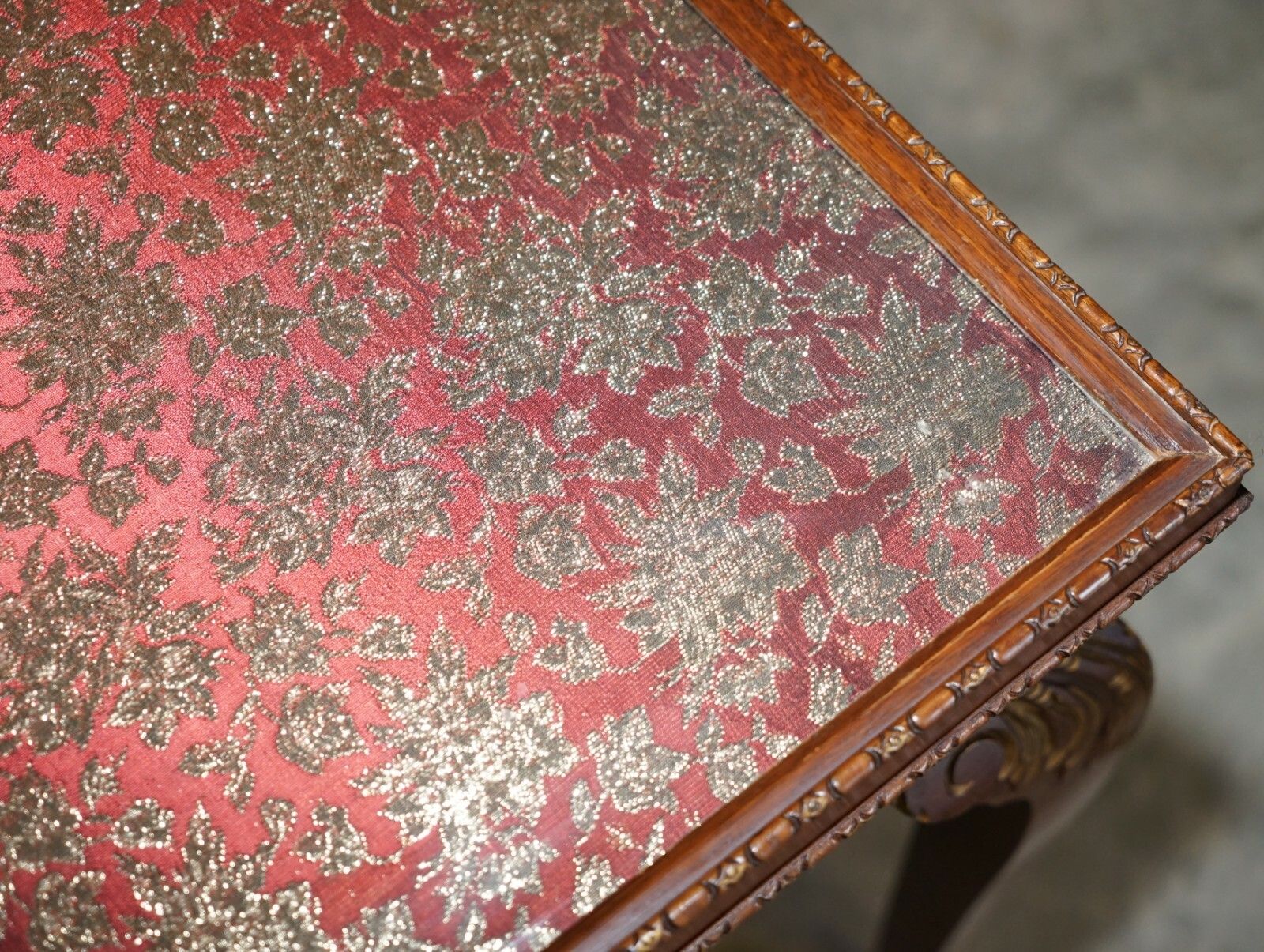 photo furniture Lovely Vintage Writing Table Desk In Mahogany With Silk Embroidered Glass Top