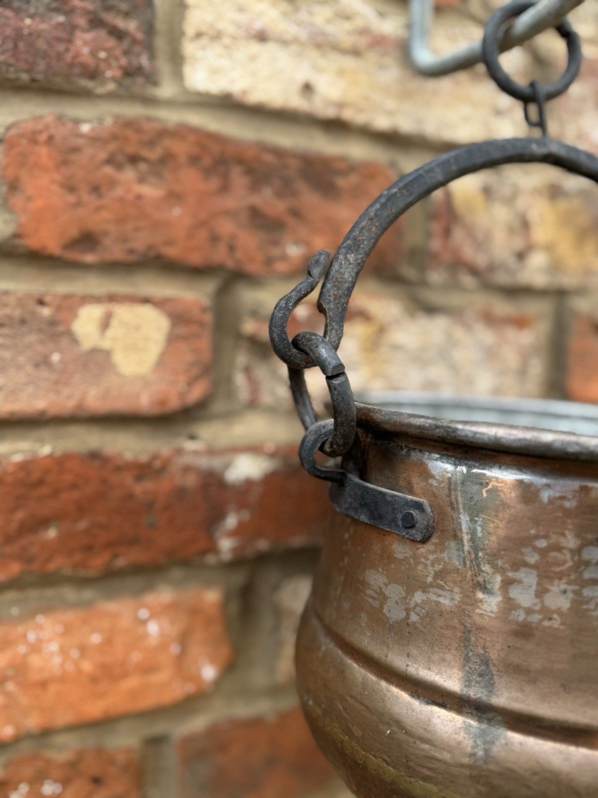 Antique Copper Cauldron Pot With Wrought Iron Handle – Rustic Garden Planter A photo furniture