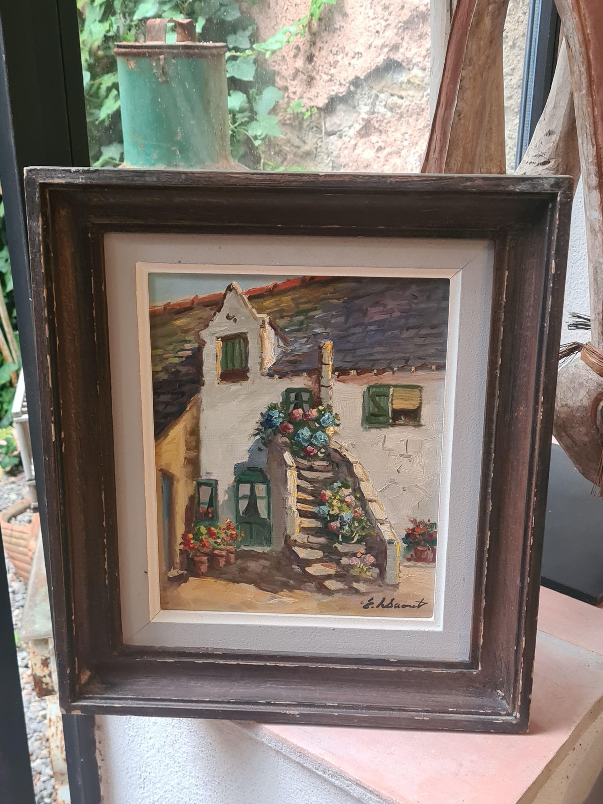Geraniums And Flowers On A Cottage Staircase, French Mid Century Oil On Canvas From The 1950s By Edouard Le Saout photo for sale