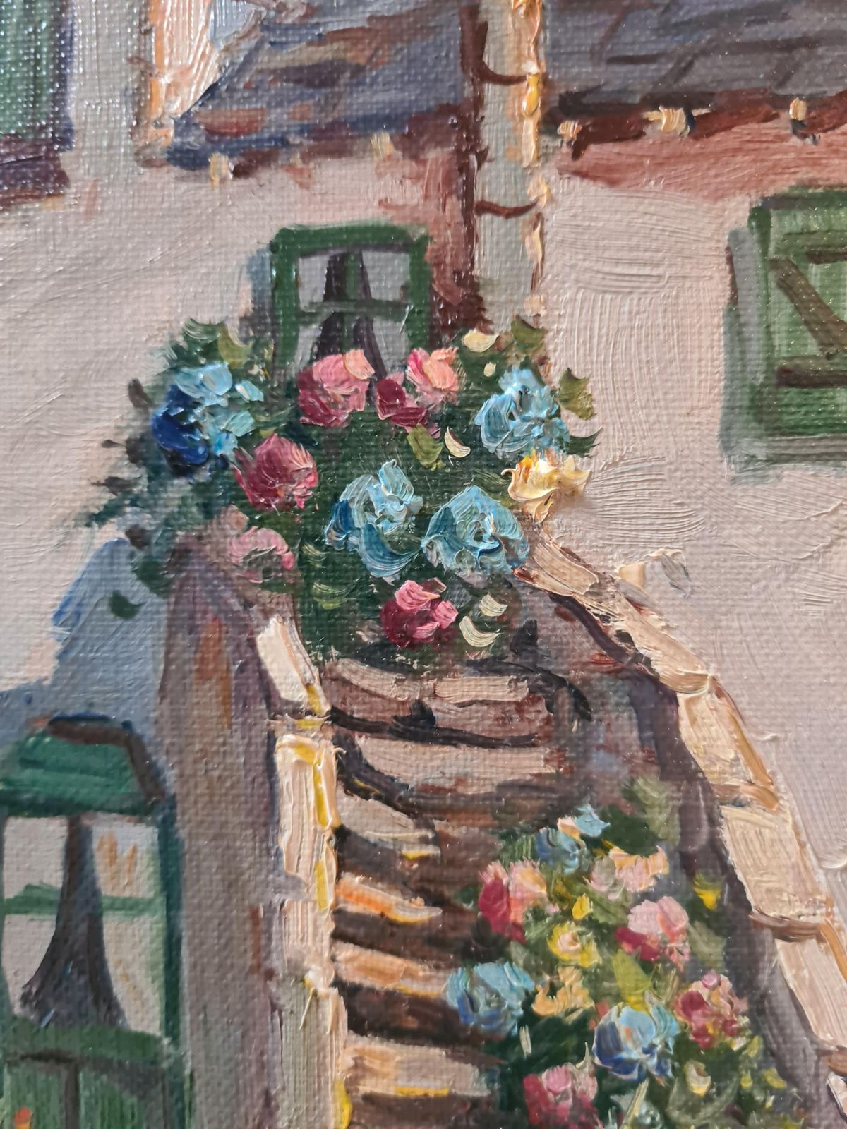 Geraniums And Flowers On A Cottage Staircase, French Mid Century Oil On Canvas From The 1950s By Edouard Le Saout photo Art