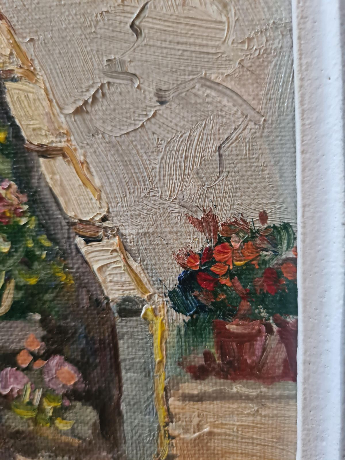 Geraniums And Flowers On A Cottage Staircase, French Mid Century Oil On Canvas From The 1950s By Edouard Le Saout photo buy