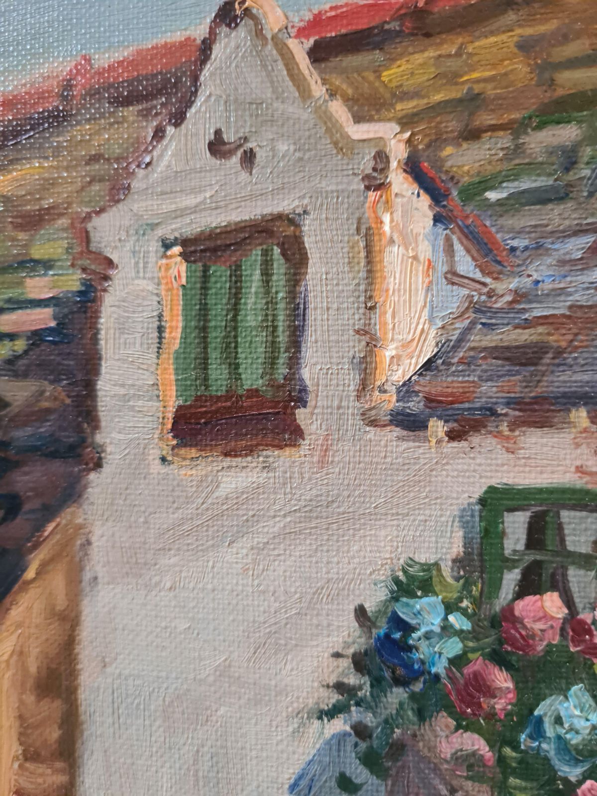 Geraniums And Flowers On A Cottage Staircase, French Mid Century Oil On Canvas From The 1950s By Edouard Le Saout photo vintage