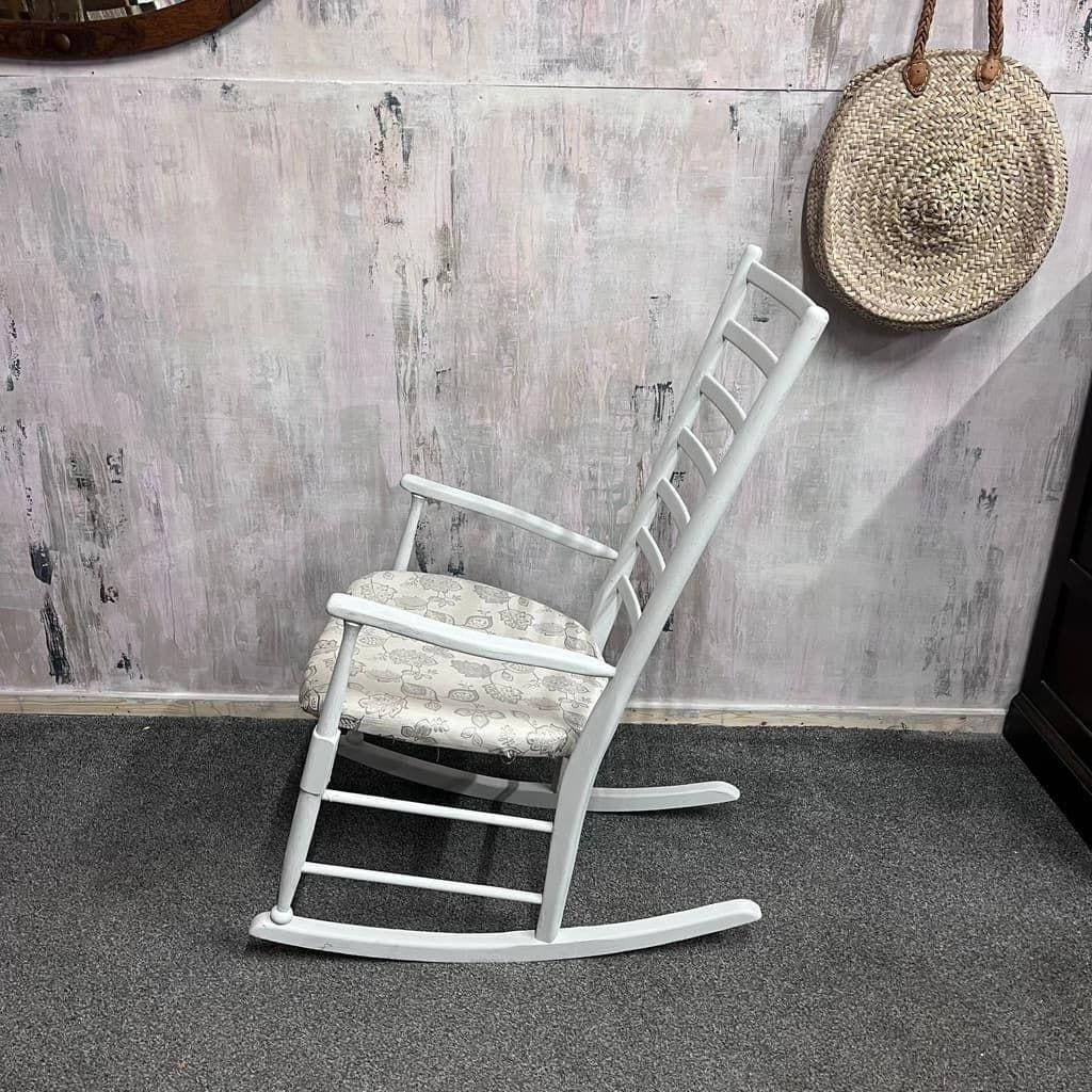 Vintage Wooden Rocking Chair Painted White Upholstered Seat Ladder Back photo Furniture