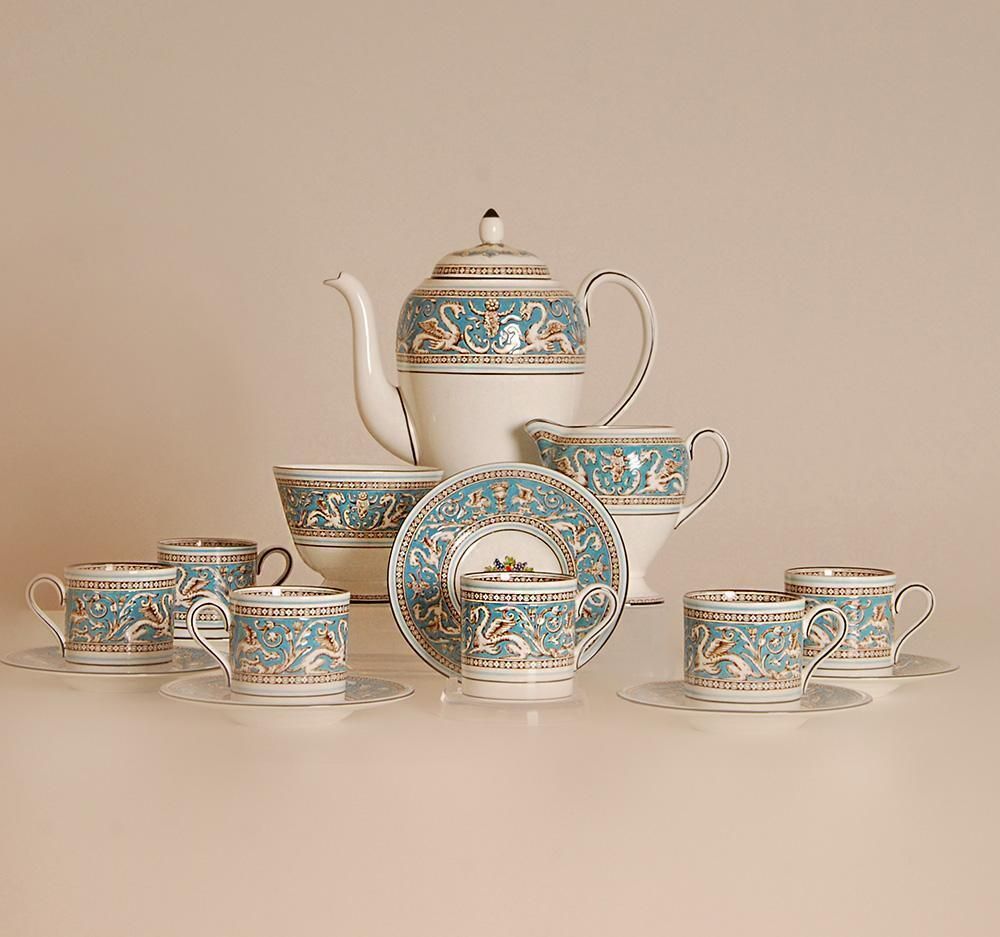 English Wedgwood Tea Set Etruscan Empire Style Bone China Porcelain Turquoise Pattern  15 Pieces photo vinterior