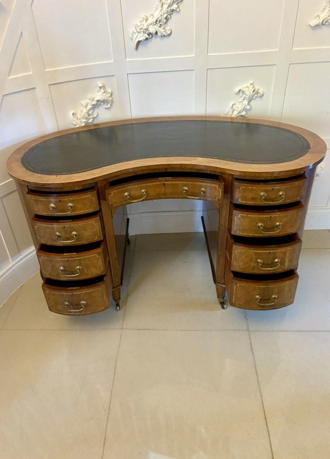 photo for sale Large Antique Quality Inlaid Mahogany Freestanding Kidney Shaped Desk