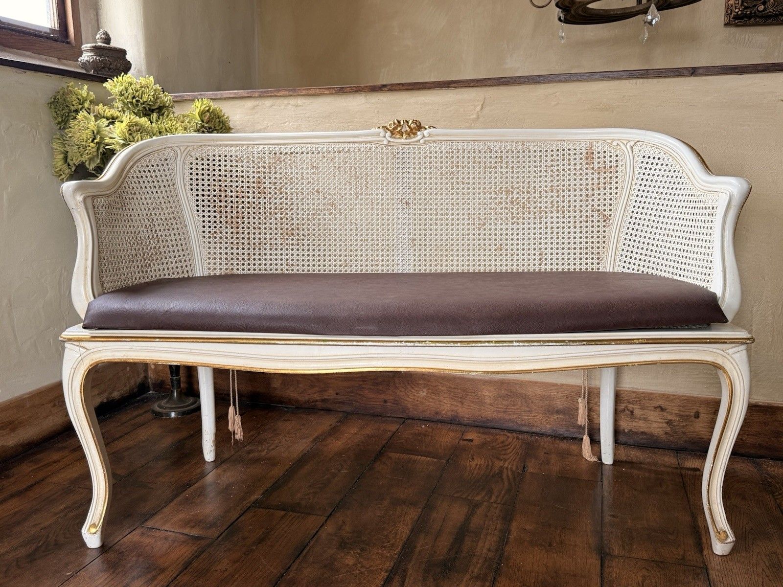 French Vintage Bergere Cane Gold White Ivory Chaise Longue Loveseat Sofa  127 Cm photo 399.0