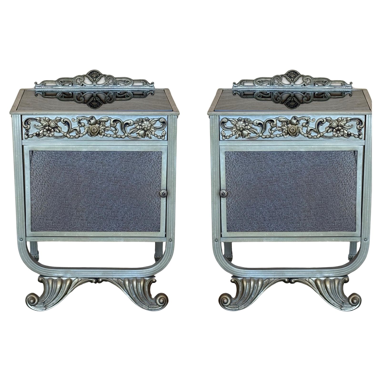 Pair Of Art Deco Metal Bedside Tables With Original Glass Door