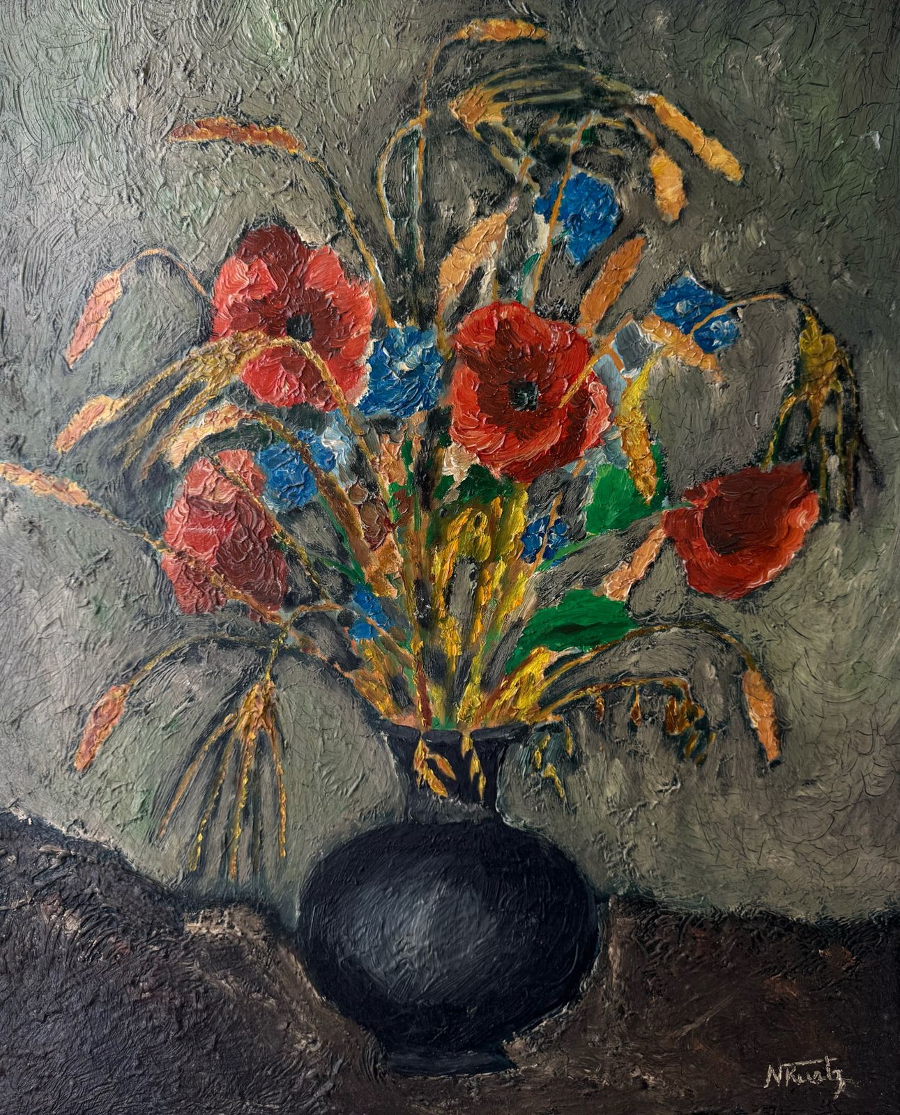 Antique Floral Oil Painting In Original Frame — Signed By N. Kurtz (1930s) photo for sale
