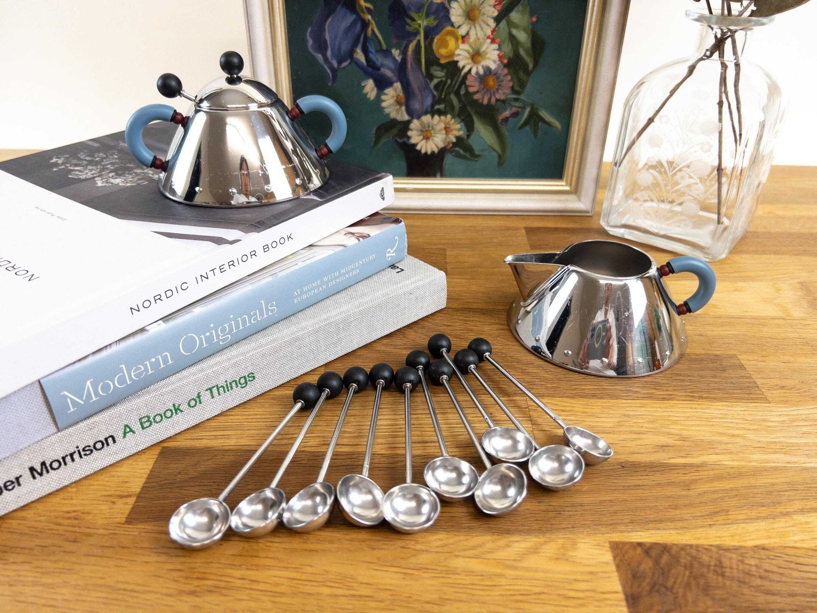 Alessi Sugar And Creamer Set With 11 Coffee Spoons Designed By Michael Graves   Postmodern Design photo for sale