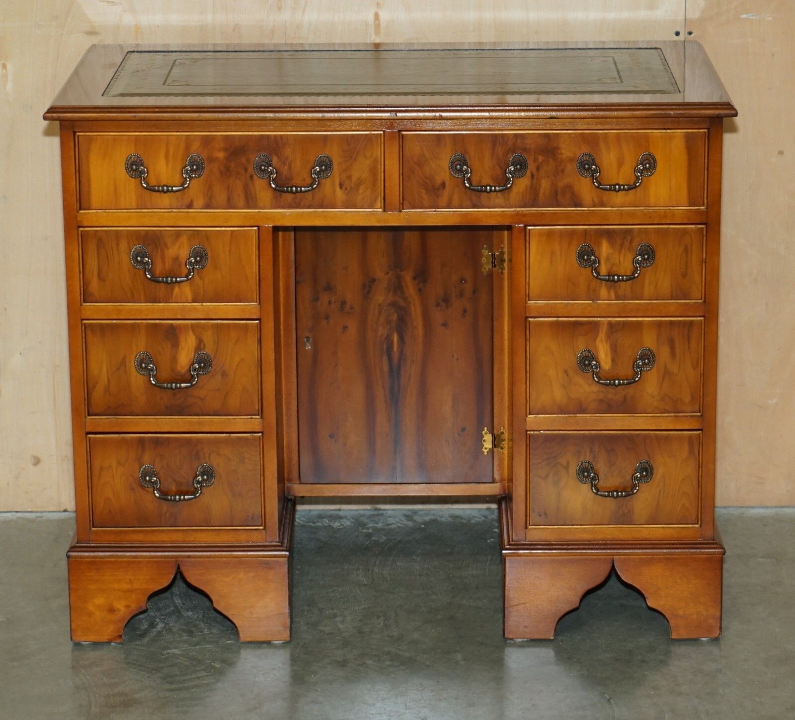 Stunning Small Burr & Burl Yew Wood With Green Leather Top Twin Pedestal Desk photo for sale