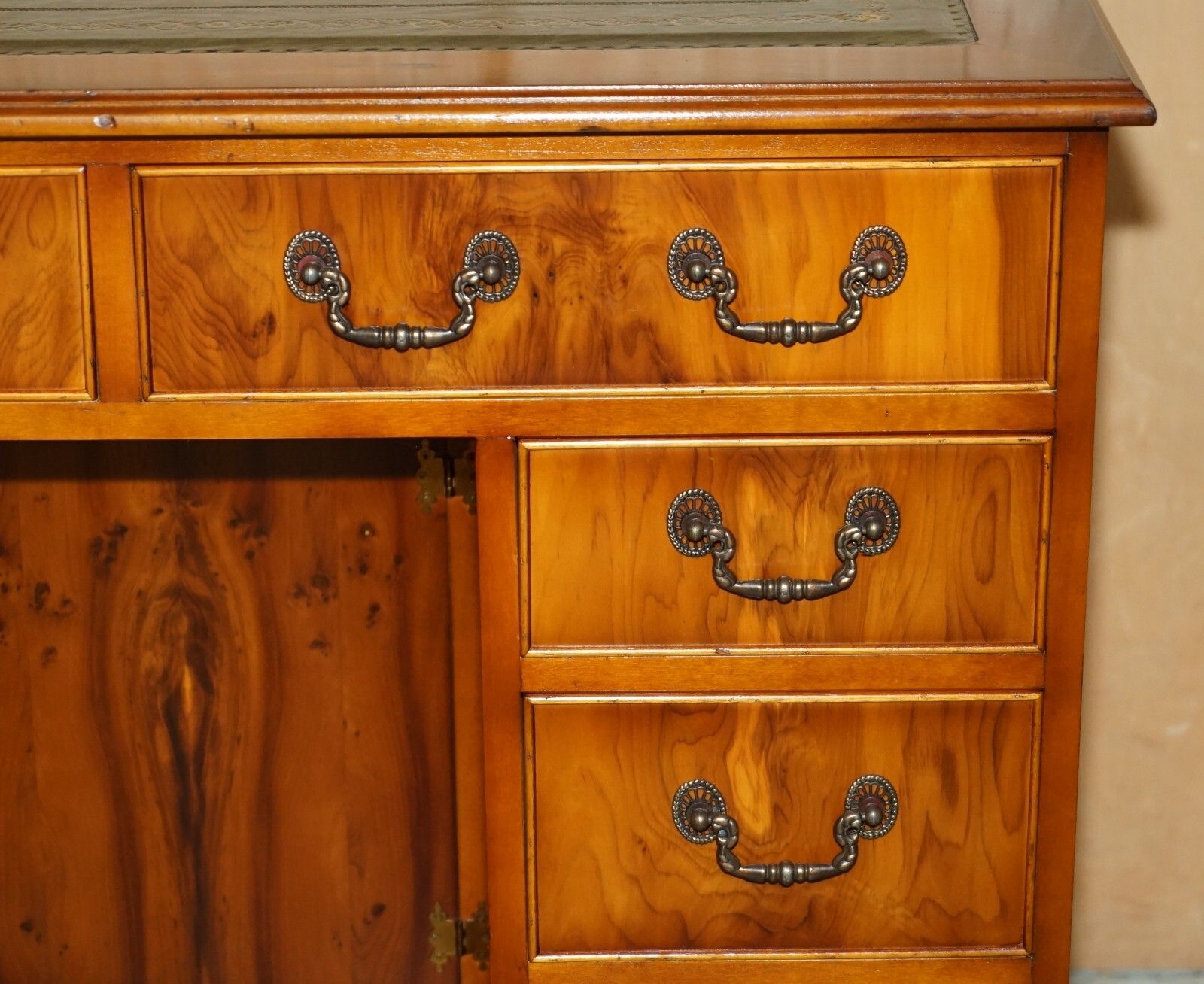Stunning Small Burr & Burl Yew Wood With Green Leather Top Twin Pedestal Desk photo vinterior