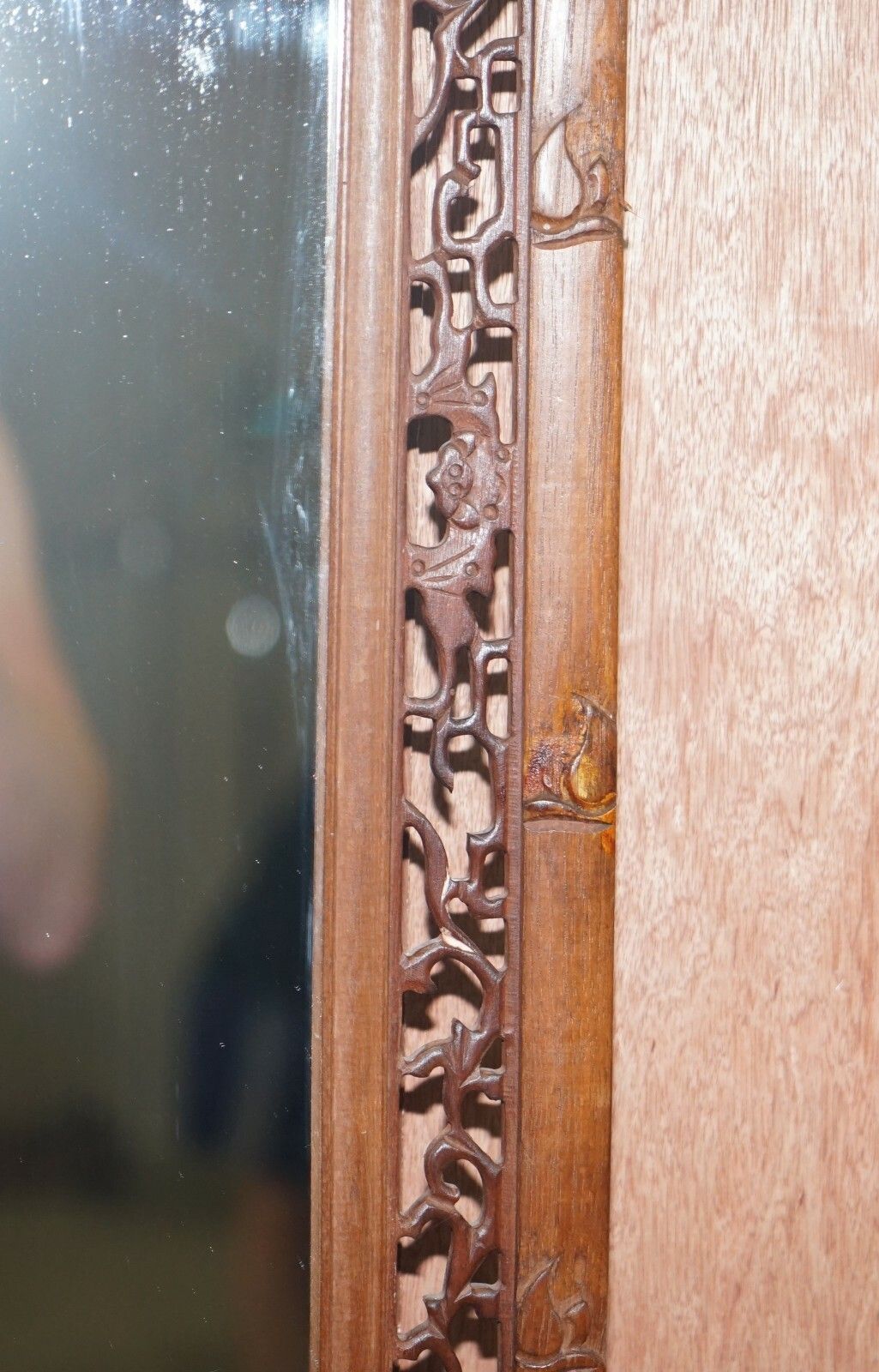 Carved Chinese Wood Mirror Panel Depicting Bats Symbol Of Happiness Good Fortune photo vintage