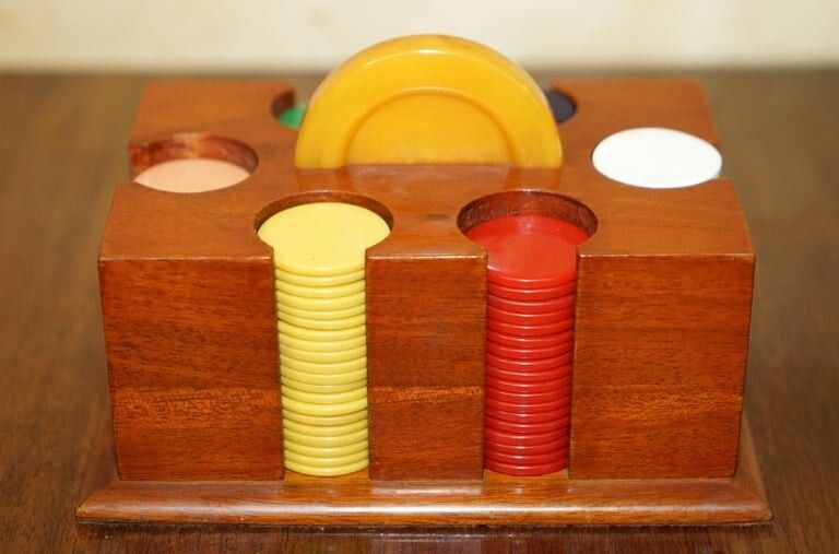 Home Decor Antique Circa 1920 Art Deco Casion Chip Poker Set With Bakelite Handle Case photo
