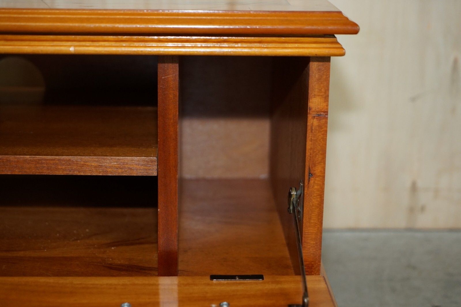 Furniture Burr Yew Wood Drop Front Media Television Stand Designed To Hide Sky Boxes Etc photo