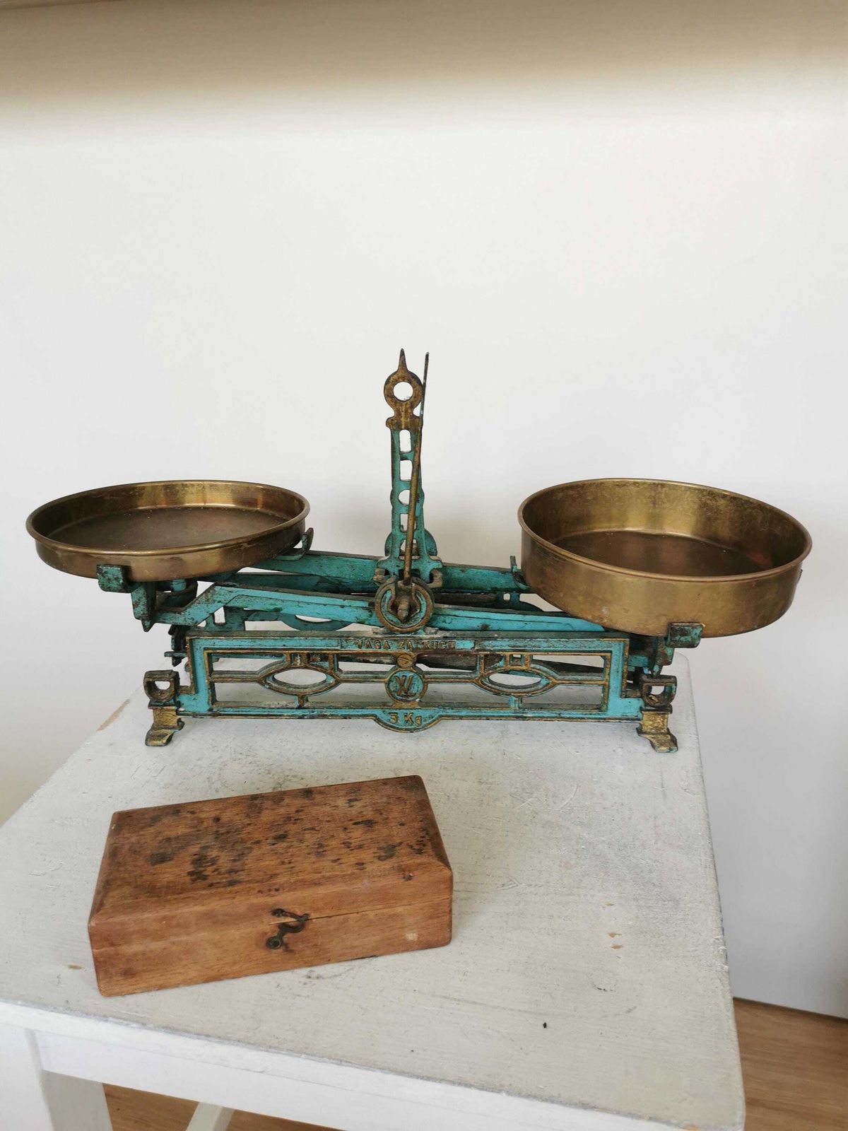 Antique Cast Iron Balance Scale With Brass Pans And Weights / 1960s Yugoslavia photo for sale