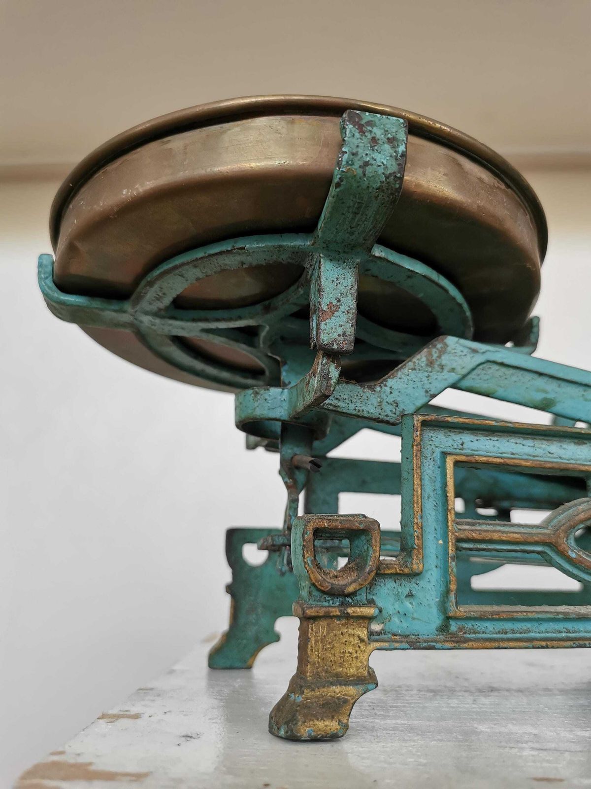 photo furniture Antique Cast Iron Balance Scale With Brass Pans And Weights / 1960s Yugoslavia