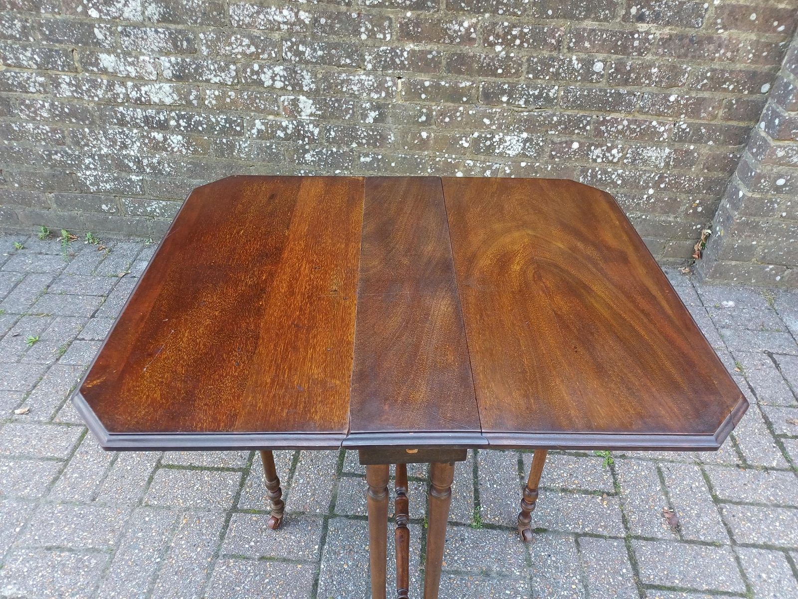 Antique Solid Mahogany Inlaid Sutherland Table 19thc Drop Leaf Folding Occasional Side Lamp Tea Table With Turned Legs & Porcelain Castors photo buy