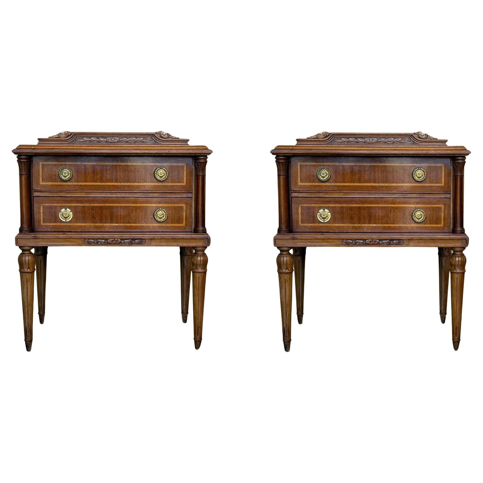 Early 20th Century French Walnut Nightstands Or Side Tables With Two Drawers