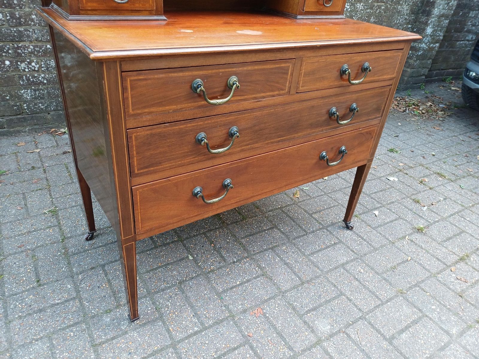 Antique Edwardian Mahogany Dressing Table With Oval Mirror & Brass Handles – Early 20th Century Vanity Chest Of Drawers photo Furniture