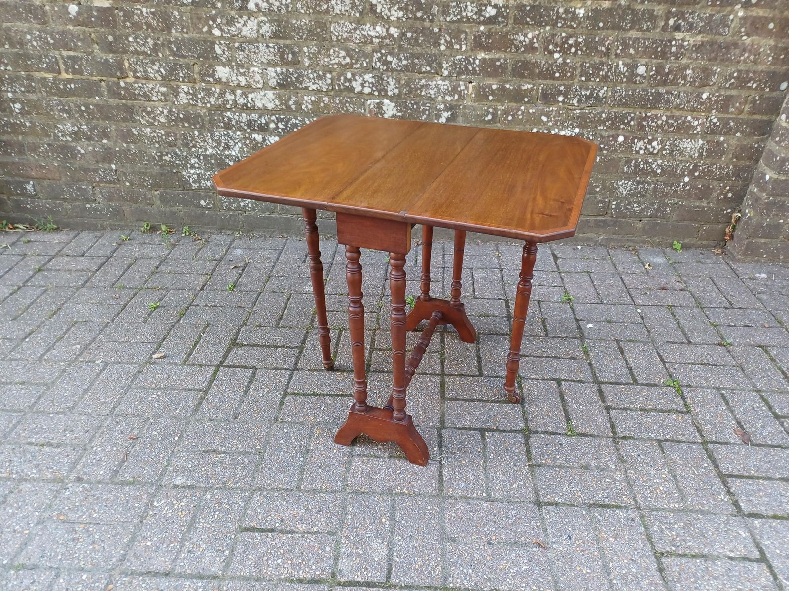 photo for sale Antique Mahogany Inlaid Sutherland Table 19thc Drop Leaf Folding Occasional Side Table With Turned Legs Porcelain Castors