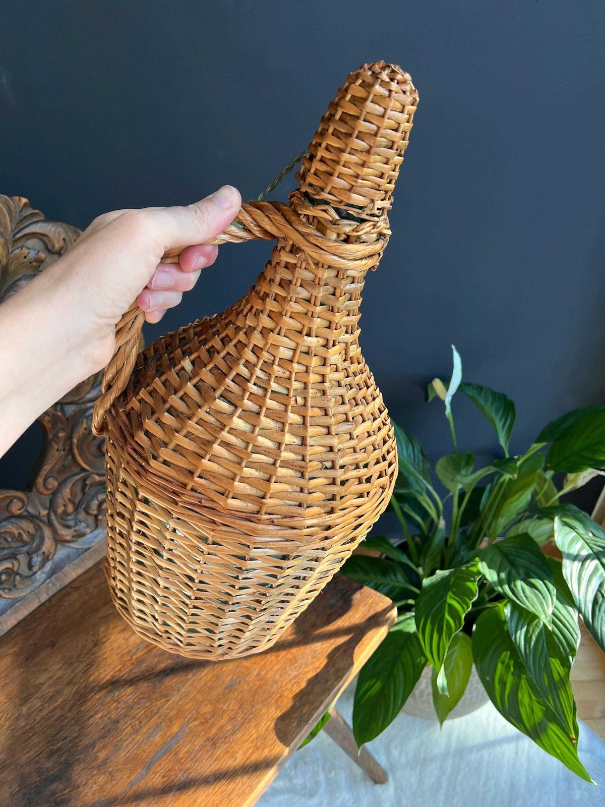 Vintage Woven Wicker Demijohn | Rustic Farmhouse Glass Bottle | Antique Carboy With Handle | French Country Decor | Boho Wedding Vase photo buy