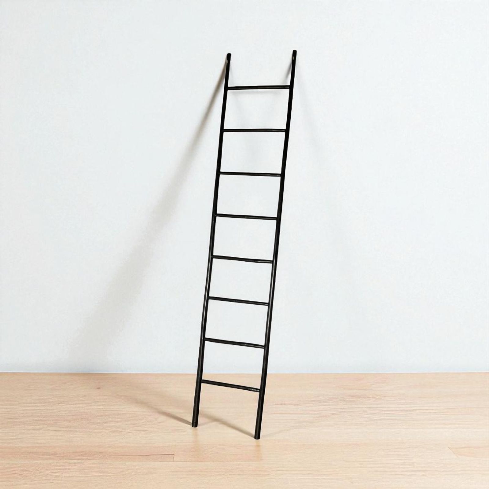 A Rustic Ebonised 8 Rung Bamboo Style Ladder, Towel Rale Or Display Rack