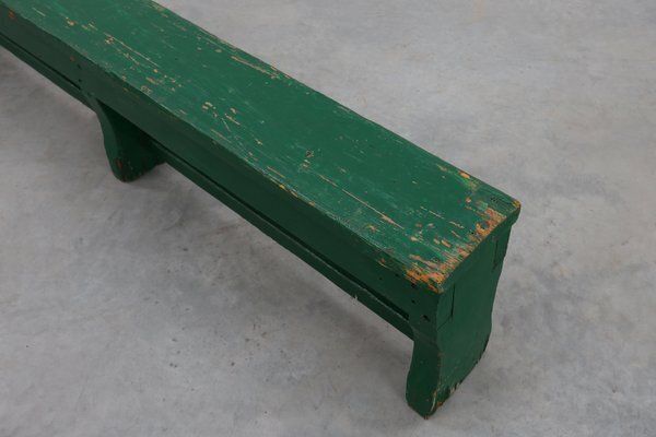Rustic Primitive Green Farmhouse Bench In Oak, France, 1900s photo Furniture