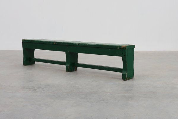 Rustic Primitive Green Farmhouse Bench In Oak, France, 1900s photo Furniture